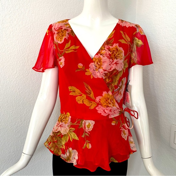 chetta b dress red floral ruffle wrap blouse and skirt set - Picture 2 of 9